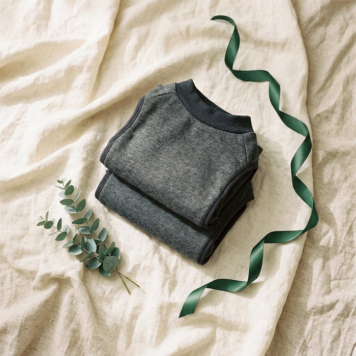 Two charcoal Storm Kit wraps folded on cream linen