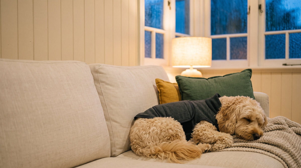 Cavoodle asleep on the sofa in The Storm Kit on a rainy night