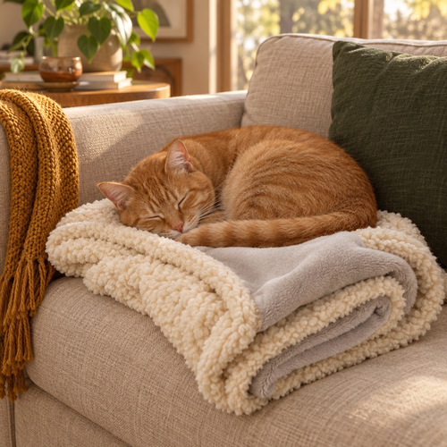 A ginger cat asleep on The Den Blanket in cream, folded on a linen sofa