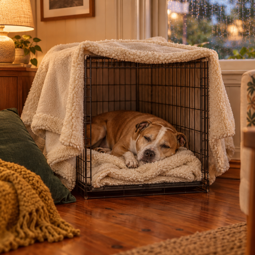 The Den Blanket in cream draped over an open crate, a Staffy mix asleep inside on a rainy evening