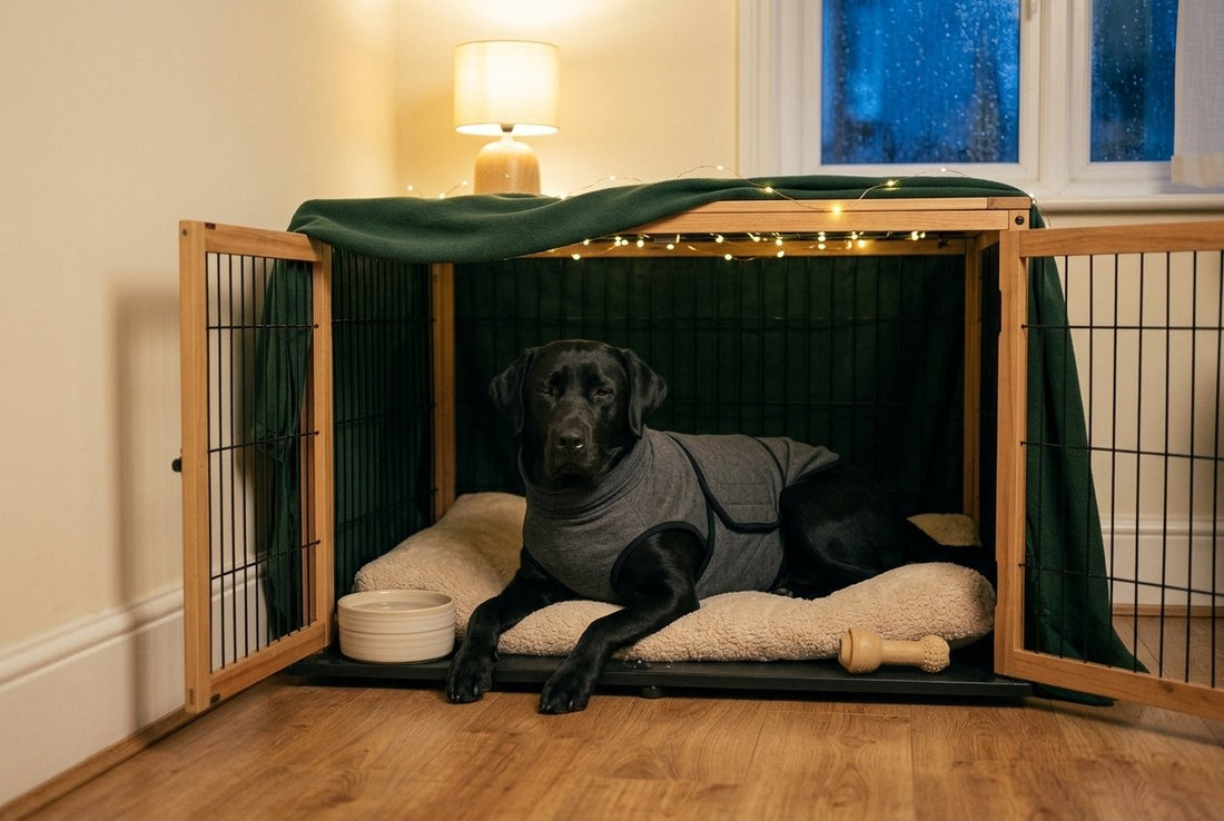 A dog resting in a cosy den on a stormy night