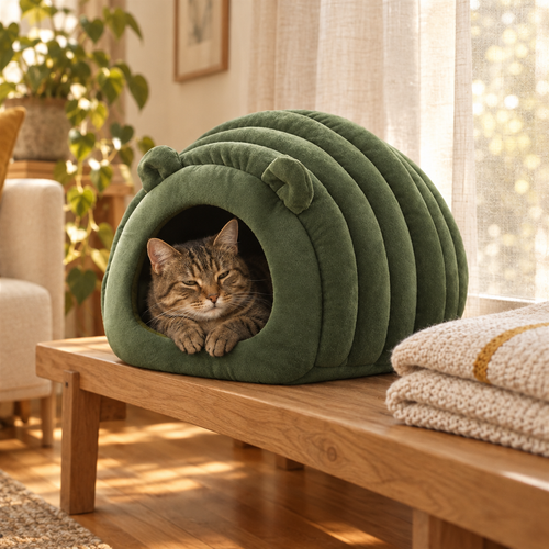 A tabby cat resting in the doorway of The Hideaway Cat Cave in forest green
