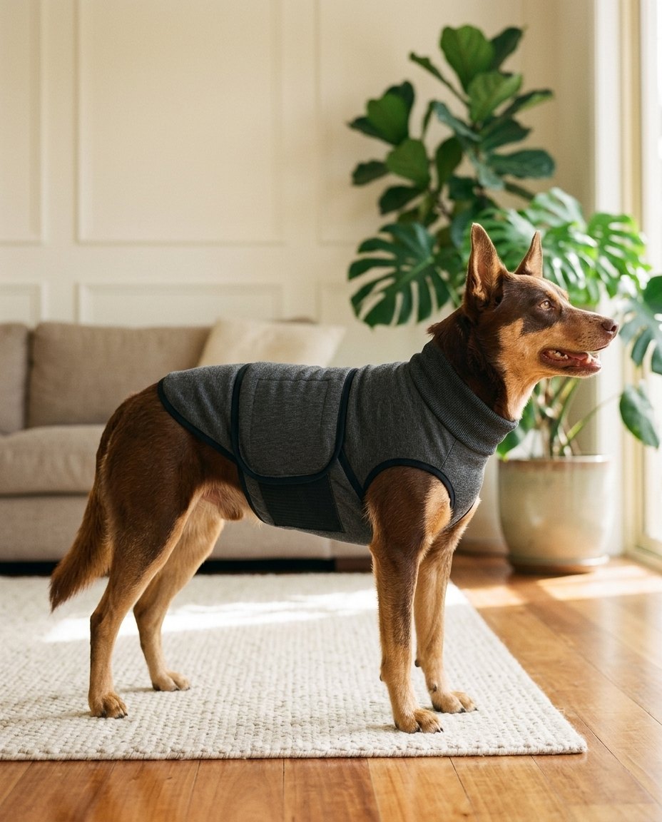 A dog standing side-on in the Storm Kit wrap
