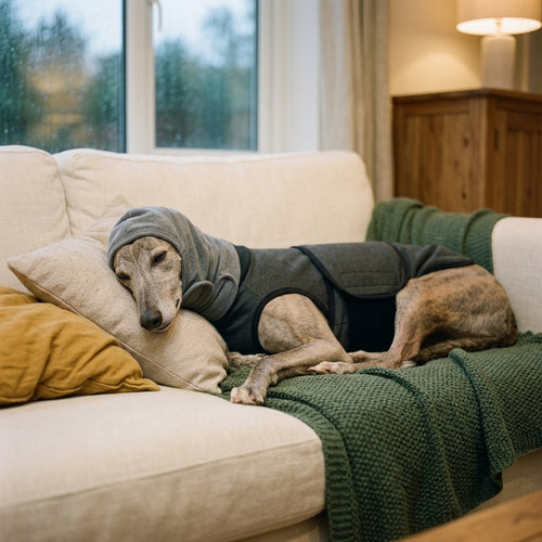 Greyhound wearing The Quiet Hood and Storm Kit wrap on the sofa