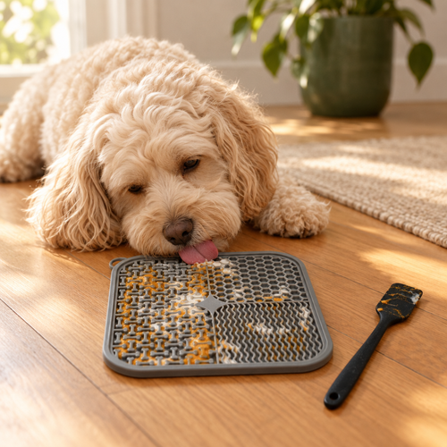 A cavoodle licking pumpkin and yoghurt off The Lick Mat in charcoal, spatula beside it