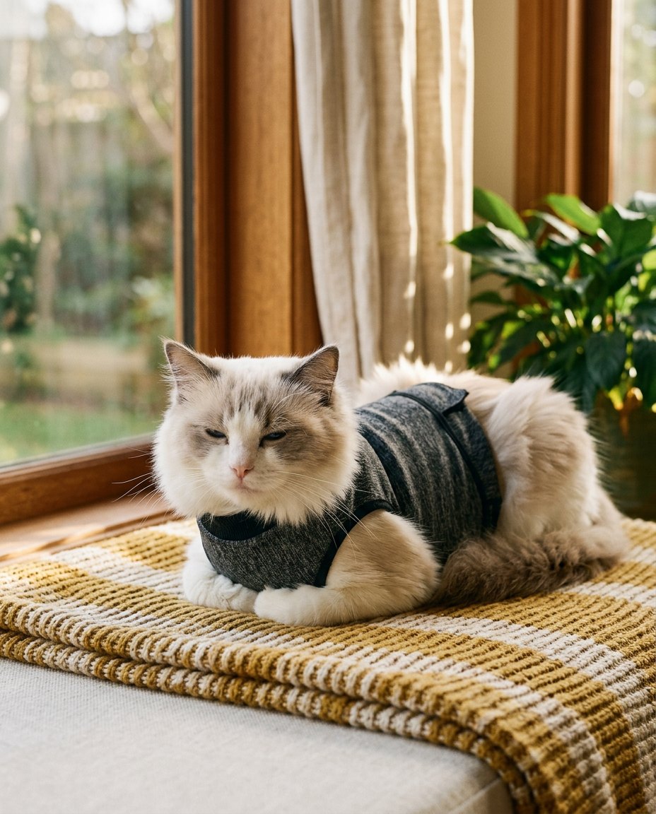 Ragdoll cat in The Storm Kit for Cats on a knitted blanket