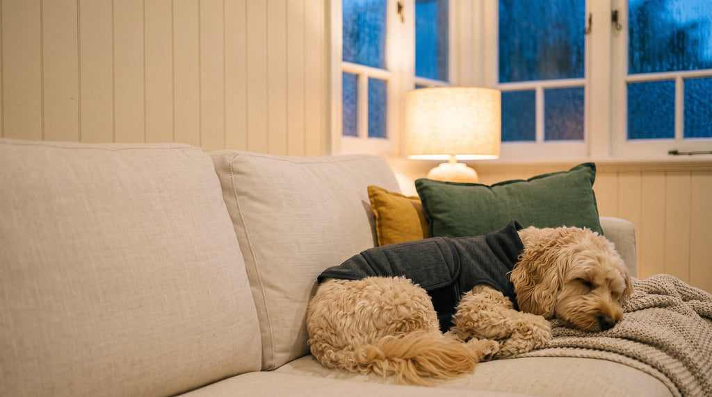 Cavoodle asleep on the sofa in The Storm Kit on a rainy night