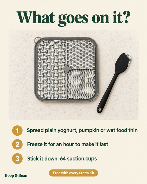 What goes on the Lick Mat: spread yoghurt, pumpkin or wet food thin, freeze it for an hour, and stick it down with 64 suction cups