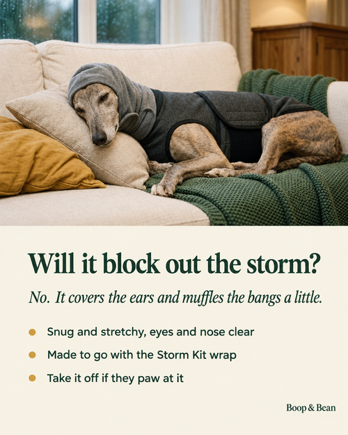 Will it block out the storm? No. The Quiet Hood covers the ears and muffles the bangs a little; eyes and nose stay clear