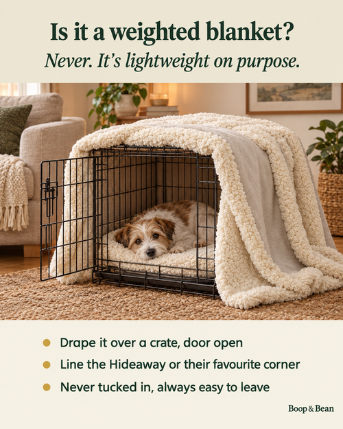 Is the Den Blanket weighted? Never, it's lightweight on purpose. Drape it over an open crate or line the Hideaway; never tucked in